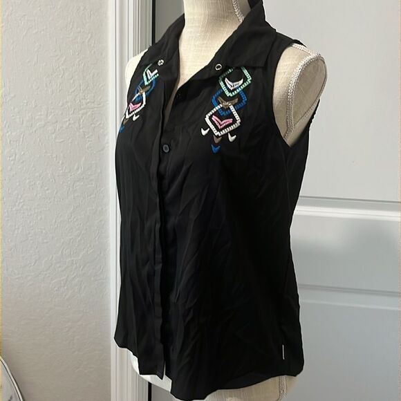 Element Embroidered Black Sleeveless Button Down Top S/M - Picture 2 of 9